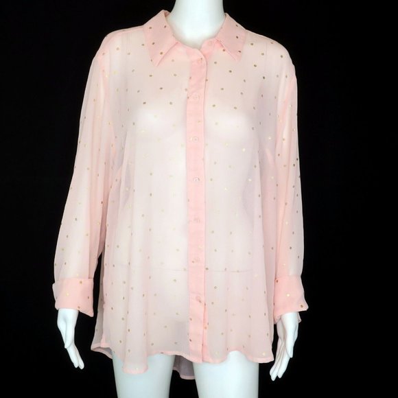 Lane Bryant Sheer Pink Gold Metallic Polka Dot Long Sleeve Top Women's 18/20 - Picture 2 of 5